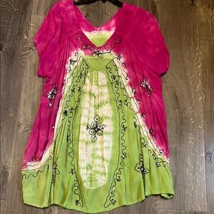 Vibrant Pink and Green Embroidered Tunic Dress or Cover Up XL